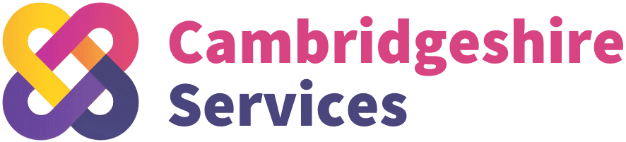 Logo of Cambridgeshire Services featuring an intertwined colorful knot on the left and the text "Cambridgeshire Services" in pink and purple fonts on the right.